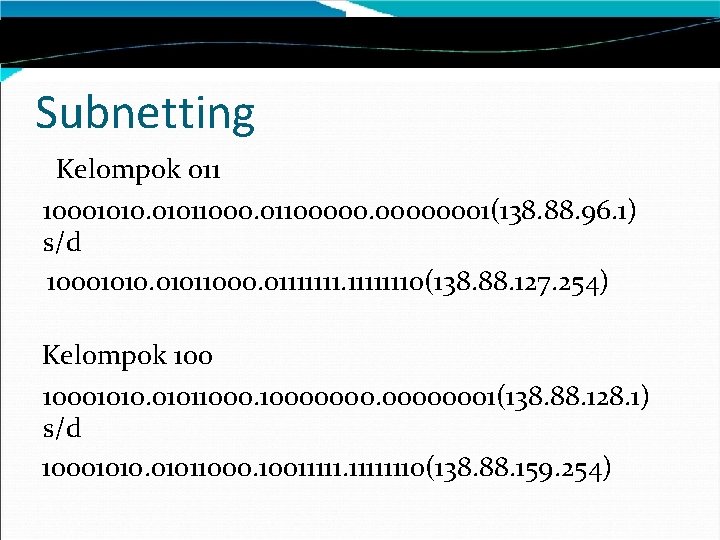 Subnetting Kelompok 011 10001010. 0101100000. 00000001(138. 88. 96. 1) s/d 10001010. 01011000. 011111110(138. 88.