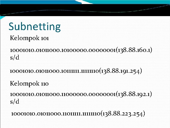 Subnetting Kelompok 101 10001010. 01011000. 10100000001(138. 88. 160. 1) s/d 10001010. 01011000. 1011111110(138. 88.