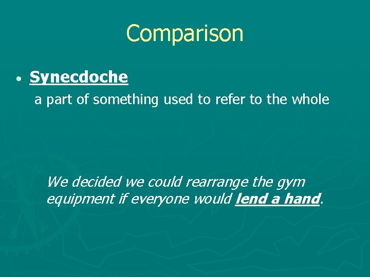 Comparison Synecdoche a part of something used to refer to the whole We decided
