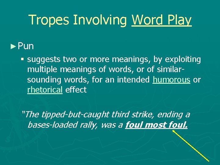 Tropes Involving Word Play ► Pun § suggests two or more meanings, by exploiting