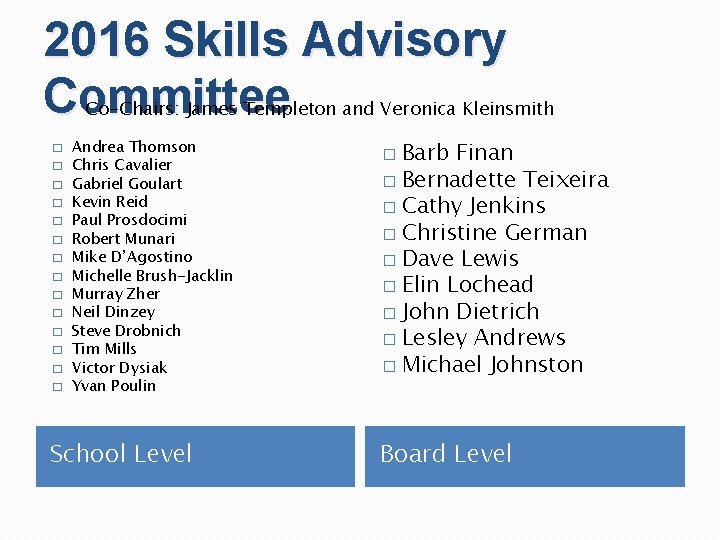 2016 Skills Advisory Committee Co-Chairs: James Templeton and Veronica Kleinsmith � � � �