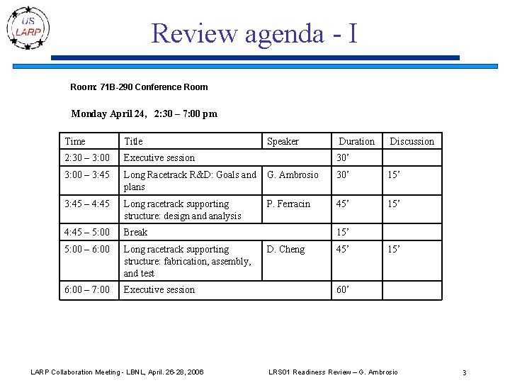 Review agenda - I Room: 71 B-290 Conference Room Monday April 24, 2: 30