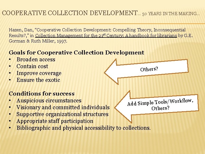 COOPERATIVE COLLECTION DEVELOPMENT… 50 YEARS IN THE MAKING… Hazen, Dan, “Cooperative Collection Development: Compelling