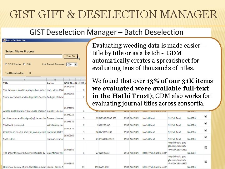 GIST GIFT & DESELECTION MANAGER Evaluating weeding data is made easier – title by