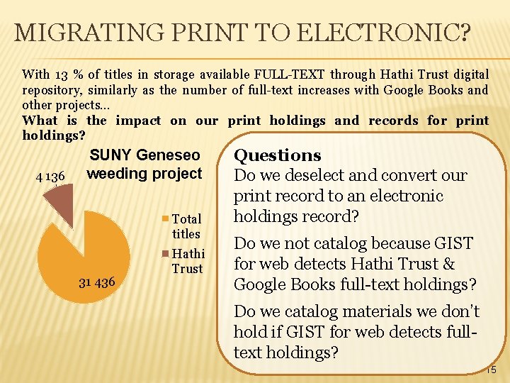 MIGRATING PRINT TO ELECTRONIC? With 13 % of titles in storage available FULL-TEXT through