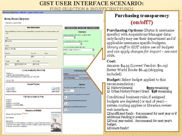 GIST USER INTERFACE SCENARIO: FUND SELECTION & INSUFFICIENT FUNDS Purchasing transparency (on/off? ) Purchasing