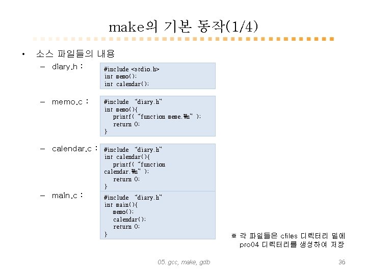 make의 기본 동작(1/4) • 소스 파일들의 내용 – diary. h : #include <stdio. h>