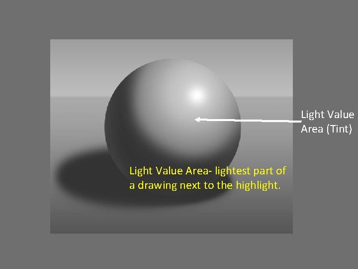 Light Value Area (Tint) Light Value Area- lightest part of a drawing next to
