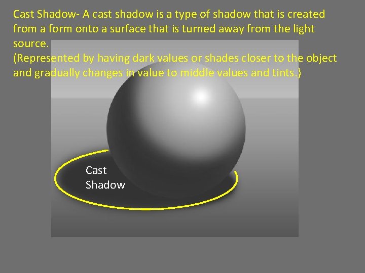 Cast Shadow- A cast shadow is a type of shadow that is created from