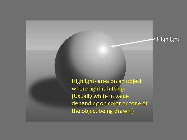 Highlight- area on an object where light is hitting. (Usually white in value depending