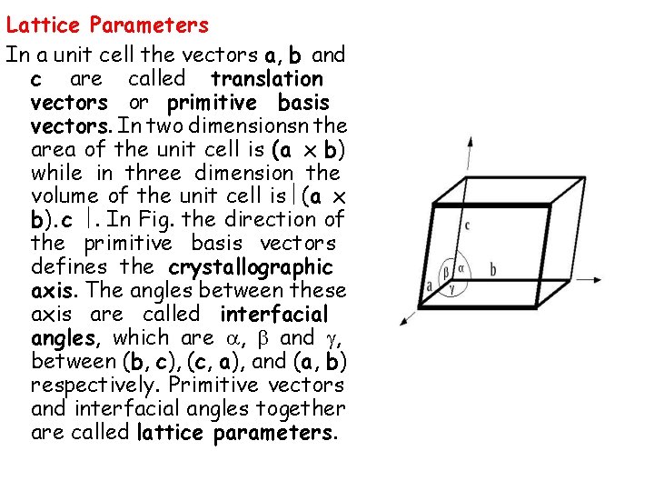 Lattice Parameters In a unit cell the vectors a, b and c are called