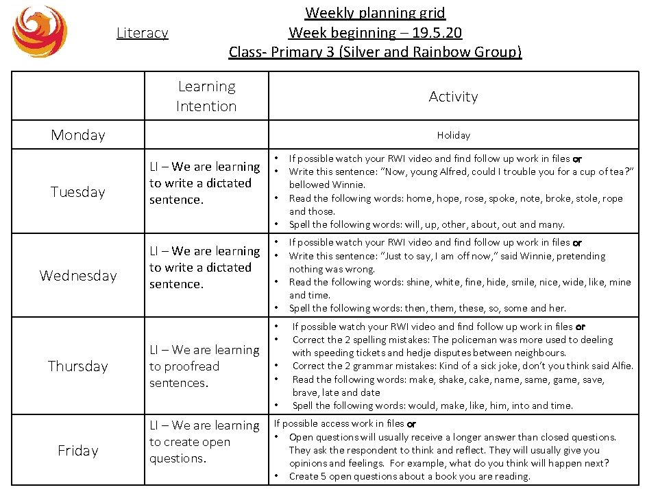 Literacy Weekly planning grid Week beginning – 19. 5. 20 Class- Primary 3 (Silver
