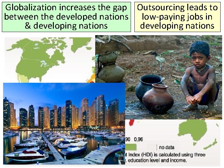 Globalization increases the gap Outsourcing leads to between the developed nations low-paying jobs in