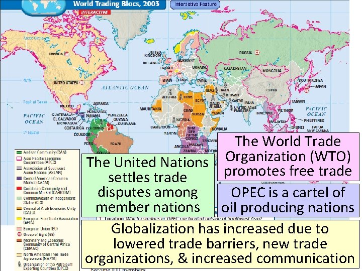 The World Trade The United Nations Organization (WTO) promotes free trade settles trade disputes