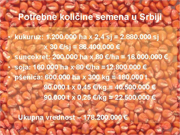 Potrebne količine semena u Srbiji • kukuruz: 1. 200. 000 ha x 2, 4