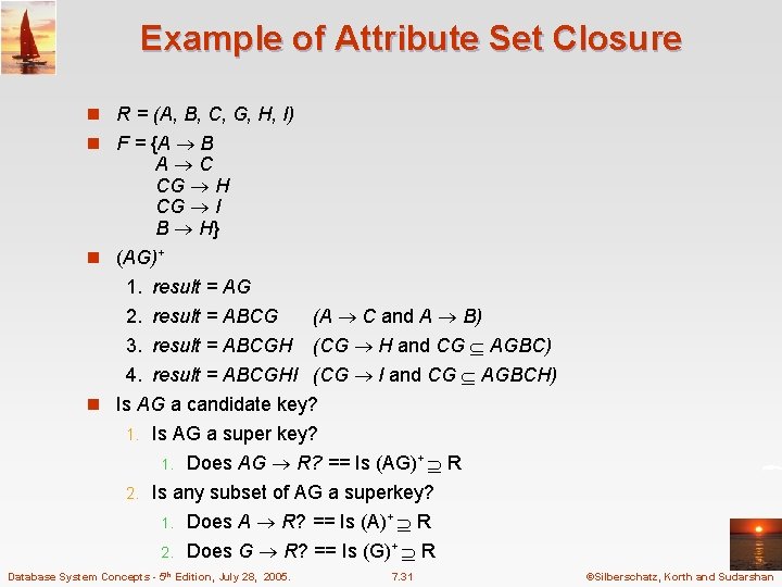 Example of Attribute Set Closure n R = (A, B, C, G, H, I)