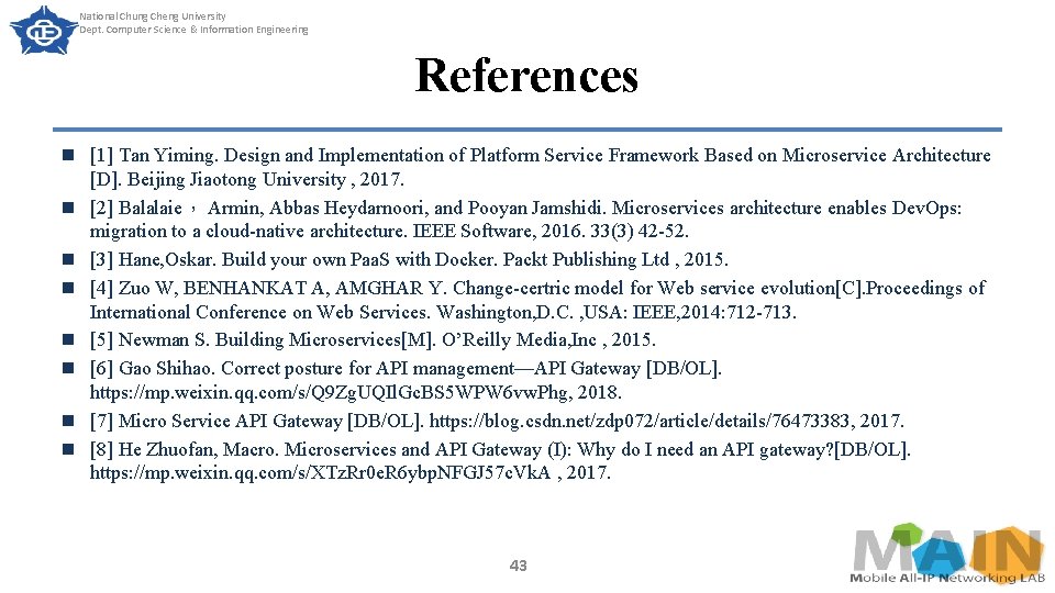 National Chung Cheng University Dept. Computer Science & Information Engineering References n [1] Tan
