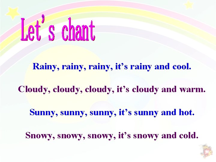 Rainy, rainy, it’s rainy and cool. Cloudy, cloudy, it’s cloudy and warm. Sunny, sunny,