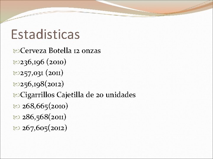 Estadisticas Cerveza Botella 12 onzas 236, 196 (2010) 257, 031 (2011) 256, 198(2012) Cigarrillos