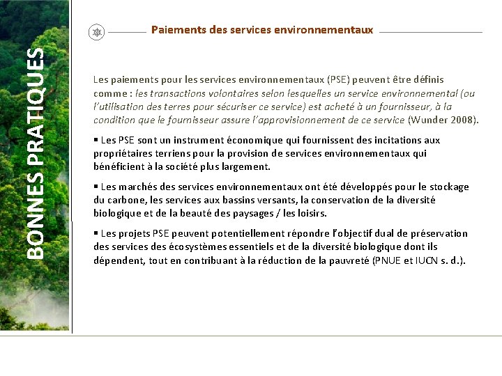 BONNES PRATIQUES Paiements des services environnementaux Les paiements pour les services environnementaux (PSE) peuvent