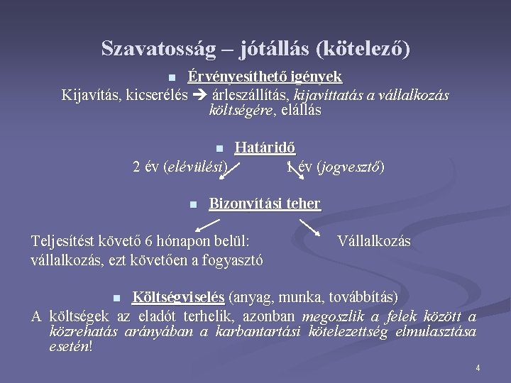 Szavatosság – jótállás (kötelező) Érvényesíthető igények Kijavítás, kicserélés árleszállítás, kijavíttatás a vállalkozás költségére, elállás