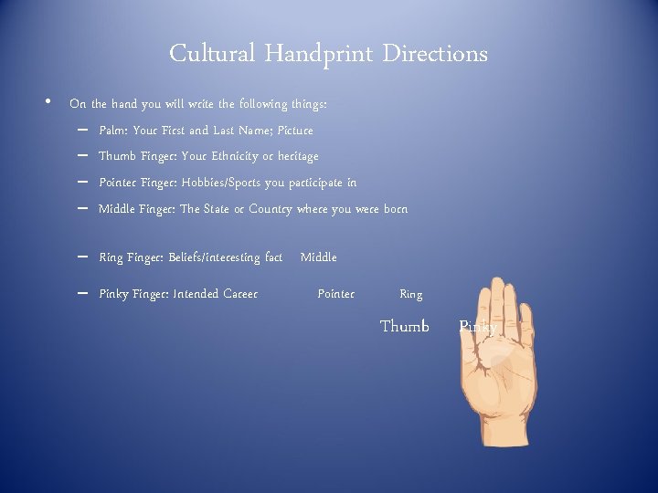 Cultural Handprint Directions • On the hand you will write the following things: –