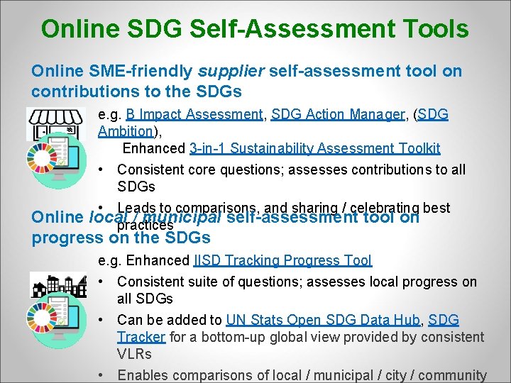 Online SDG Self-Assessment Tools Online SME-friendly supplier self-assessment tool on contributions to the SDGs