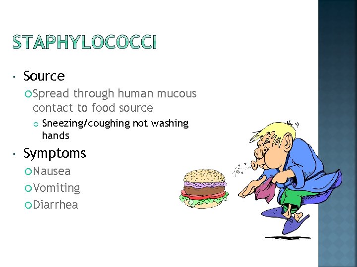  Source Spread through human mucous contact to food source Sneezing/coughing not washing hands