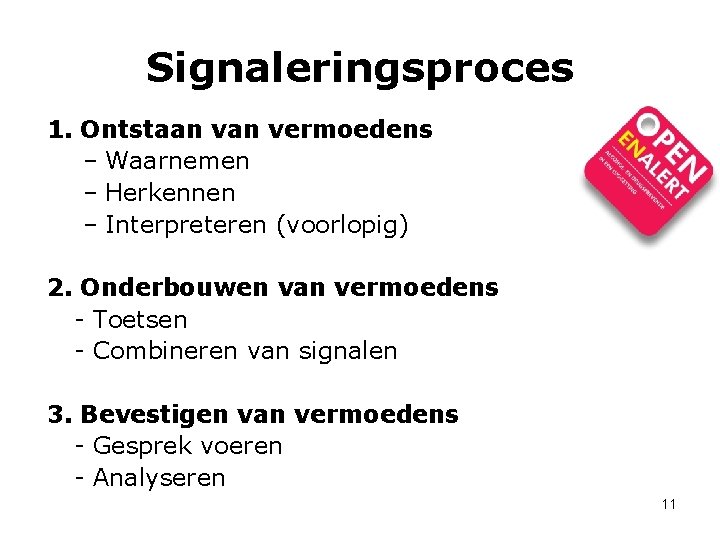 Signaleringsproces 1. Ontstaan vermoedens – Waarnemen – Herkennen – Interpreteren (voorlopig) 2. Onderbouwen van