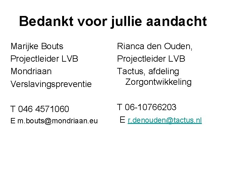 Bedankt voor jullie aandacht Marijke Bouts Projectleider LVB Mondriaan Verslavingspreventie Rianca den Ouden, Projectleider