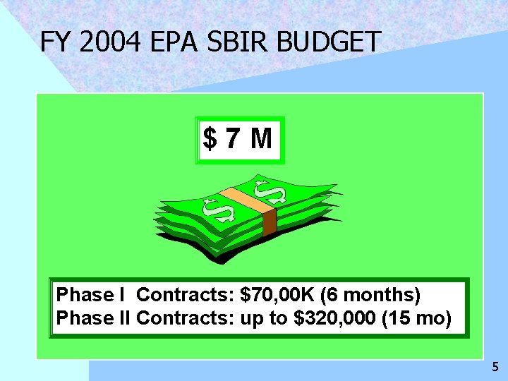 FY 2004 EPA SBIR BUDGET $7 M Phase I Contracts: $70, 00 K (6