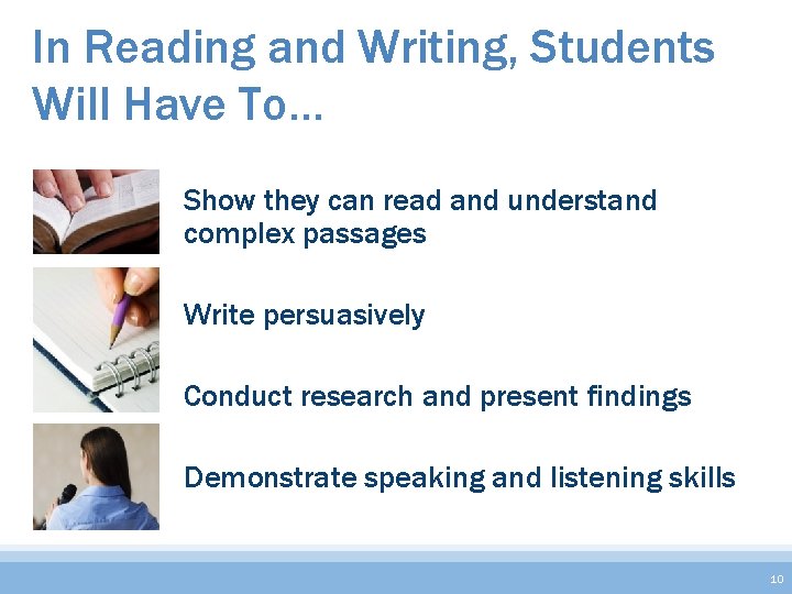 In Reading and Writing, Students Will Have To… Show they can read and understand