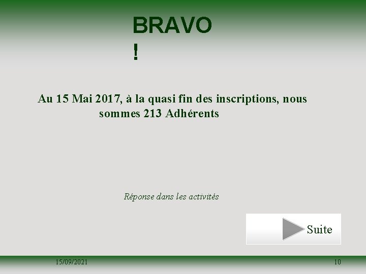 BRAVO ! Au 15 Mai 2017, à la quasi fin des inscriptions, nous sommes