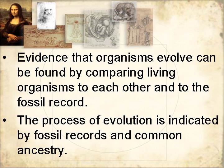  • Evidence that organisms evolve can be found by comparing living organisms to