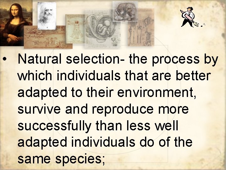  • Natural selection- the process by which individuals that are better adapted to