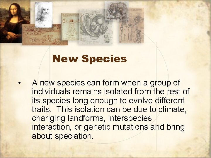 New Species • A new species can form when a group of individuals remains