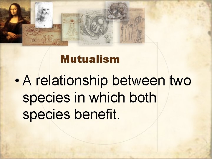 Mutualism • A relationship between two species in which both species benefit. 