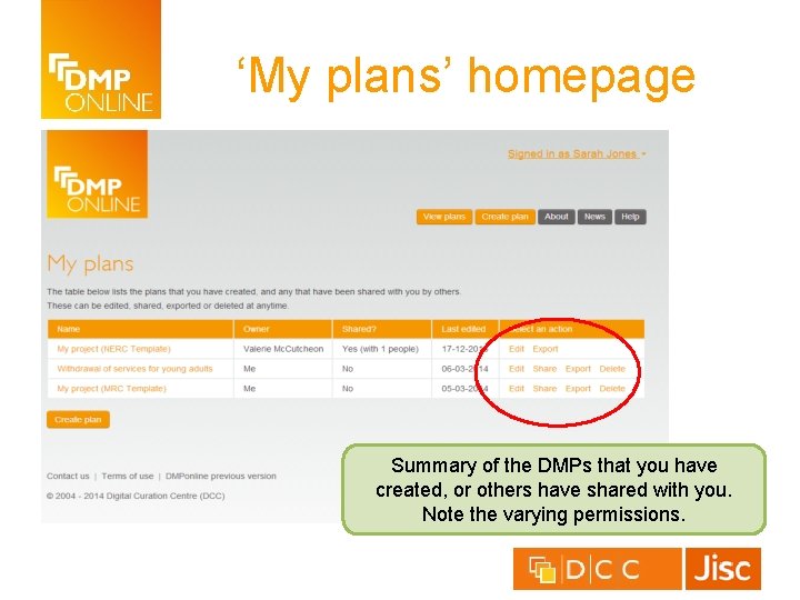 ‘My plans’ homepage Summary of the DMPs that you have created, or others have