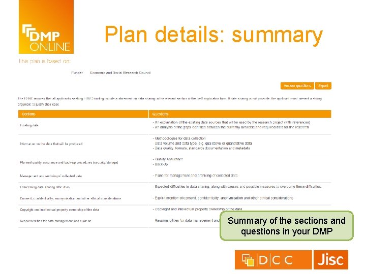 Plan details: summary Summary of the sections and questions in your DMP 