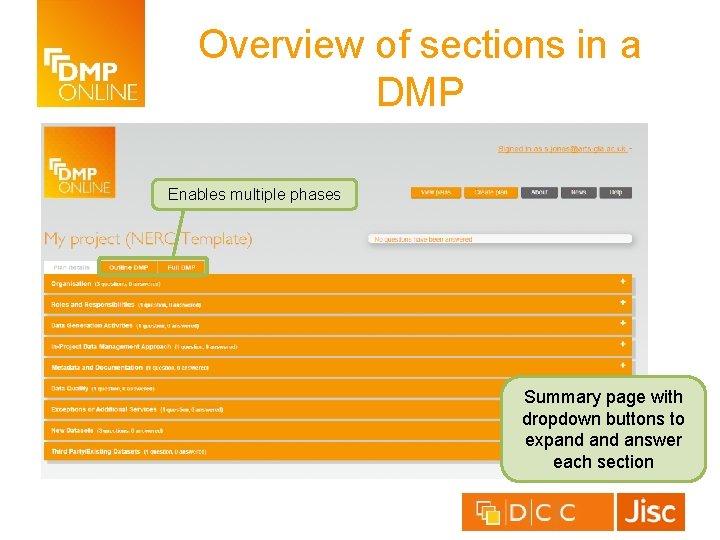 Overview of sections in a DMP Enables multiple phases Summary page with dropdown buttons