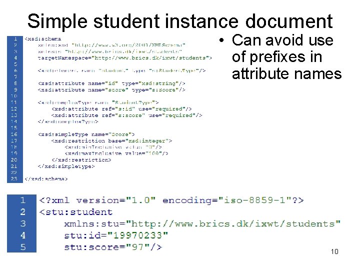Simple student instance document • Can avoid use of prefixes in attribute names 10