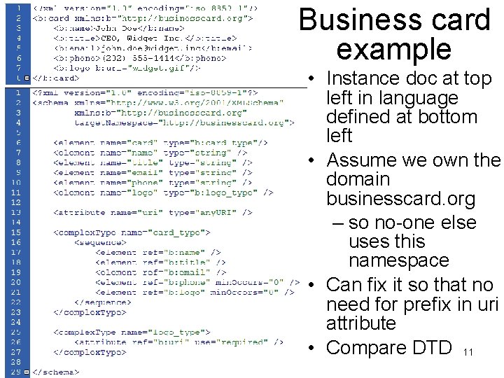 Business card example • Instance doc at top left in language defined at bottom