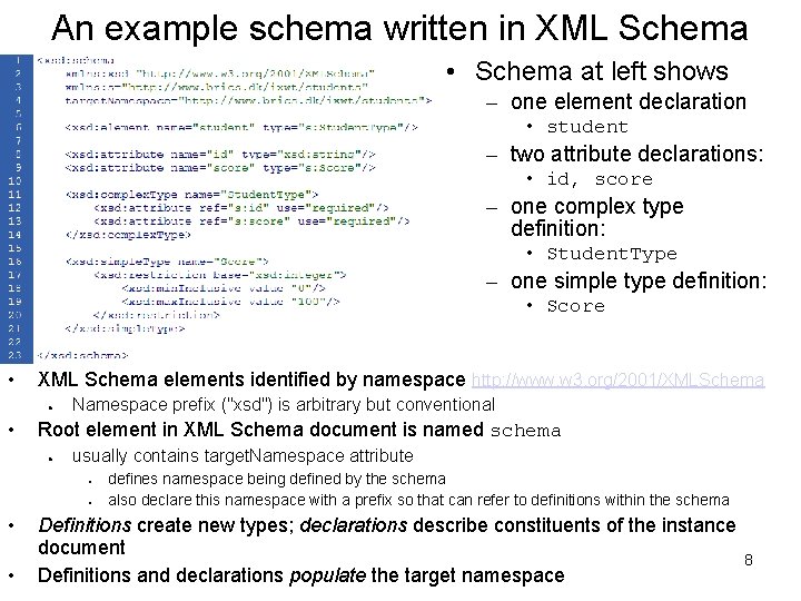 An example schema written in XML Schema • Schema at left shows – one