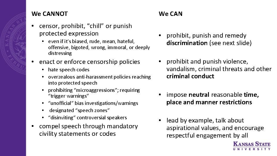 We CANNOT • censor, prohibit, “chill” or punish protected expression • even if it’s