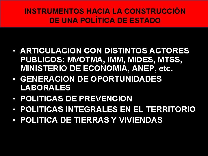INSTRUMENTOS HACIA LA CONSTRUCCIÓN DE UNA POLÍTICA DE ESTADO • ARTICULACION CON DISTINTOS ACTORES