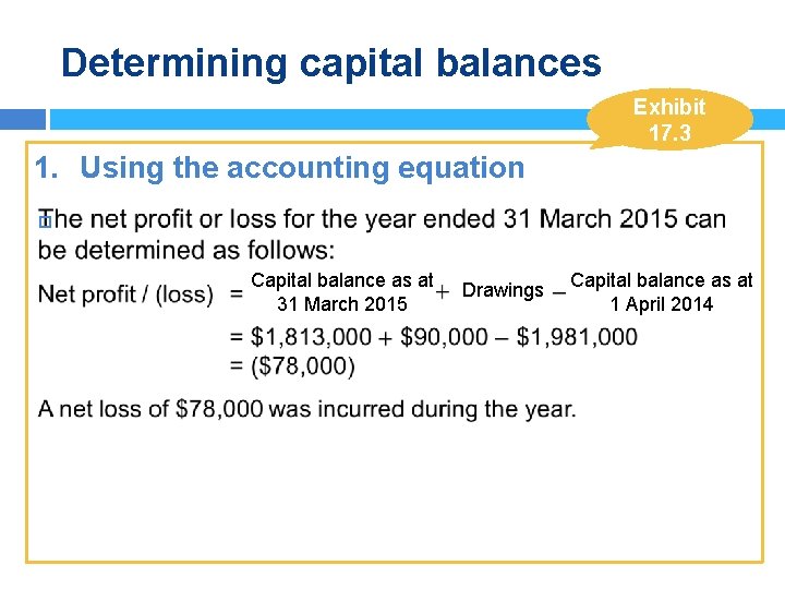 Determining capital balances Exhibit 17. 3 1. Using the accounting equation Capital balance as