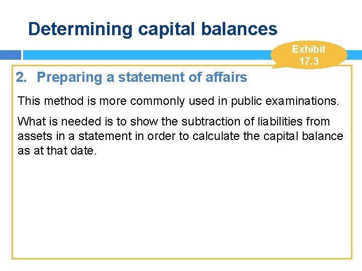 Determining capital balances Exhibit 17. 3 2. Preparing a statement of affairs This method