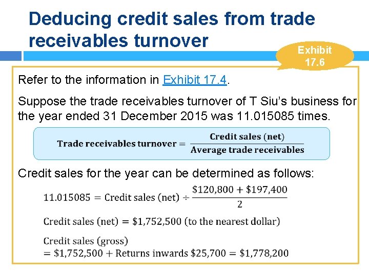 Deducing credit sales from trade receivables turnover Exhibit 17. 6 Refer to the information