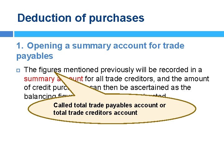 Deduction of purchases 1. Opening a summary account for trade payables The figures mentioned