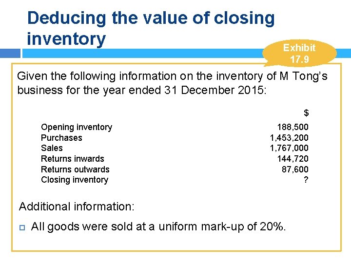 Deducing the value of closing inventory Exhibit 17. 9 Given the following information on